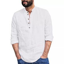 (White, M = 38) Cotton Linen Mens Solid Henley Shirts Long Sleeve Casual Loose Button Tops Shirt