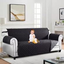 (Black &amp; Dark Grey, 3 Seater: 280 x 179 cm) Water Proof Sofa Cover Reversible Chair Recliner Cover Quilted Furniture Pet Protector