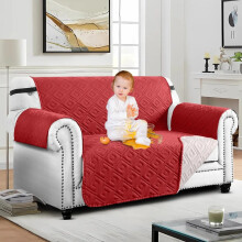 (Burgundy &amp; Beige, 2 Seater: 224 x 179 cm) Water Proof Sofa Cover Reversible Chair Recliner Cover Quilted Furniture Pet Protector