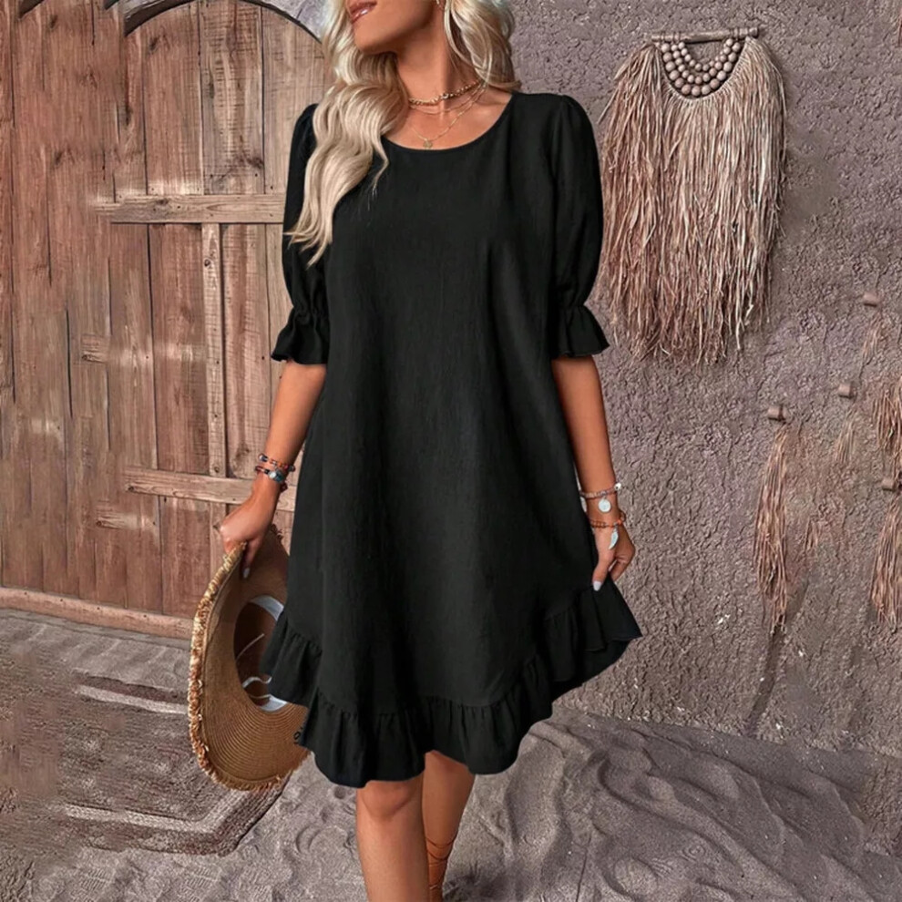 (Black, XL = 12) Womens Summer Plain Ruffle Mini Dress Ladies Casual Loose Swing Dresses Size 14-image-OPC-PF2KCSD-NEW