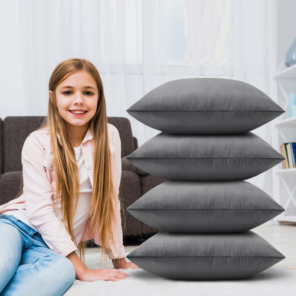 (Plain Velvet Cushion Cover Grey 4-Pack) Velvet Cushion Cover 4-Pack Bed Sofa Pillow Case