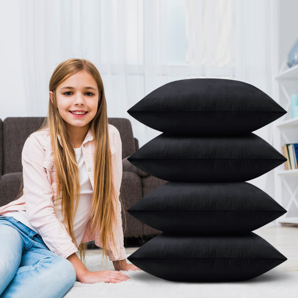 (Plain Velvet Cushion Cover Black 4-Pack) Velvet Cushion Cover 4-Pack Bed Sofa Pillow Case