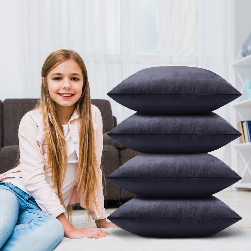 (Plain Velvet Cushion Cover Charcoal 4-Pack) Velvet Cushion Cover 4-Pack Bed Sofa Pillow Case