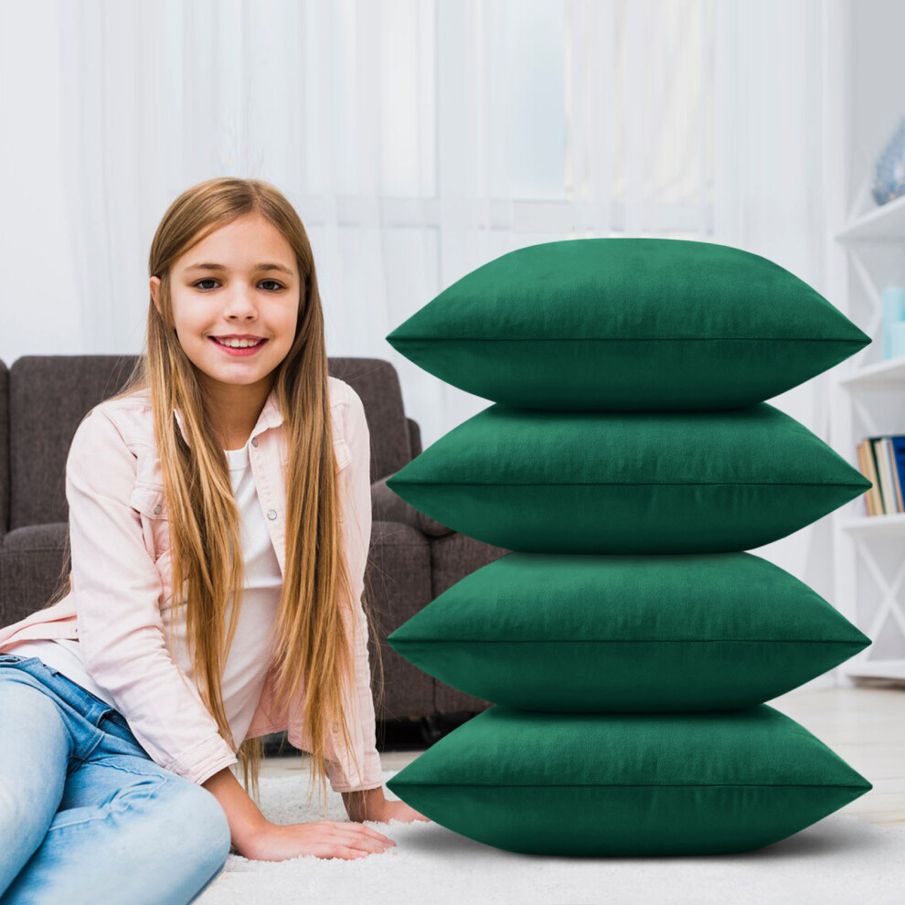 (Plain Velvet Cushion Cover Green 4-Pack) Velvet Cushion Cover 4-Pack Bed Sofa Pillow Case