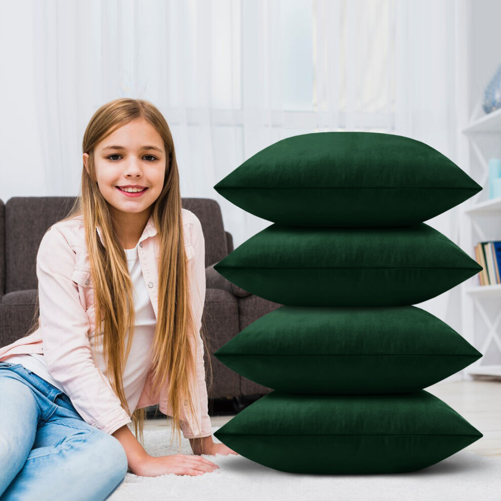 (Plain Velvet Cushion Cover Dark Green 4-Pack) Velvet Cushion Cover 4-Pack Bed Sofa Pillow Case