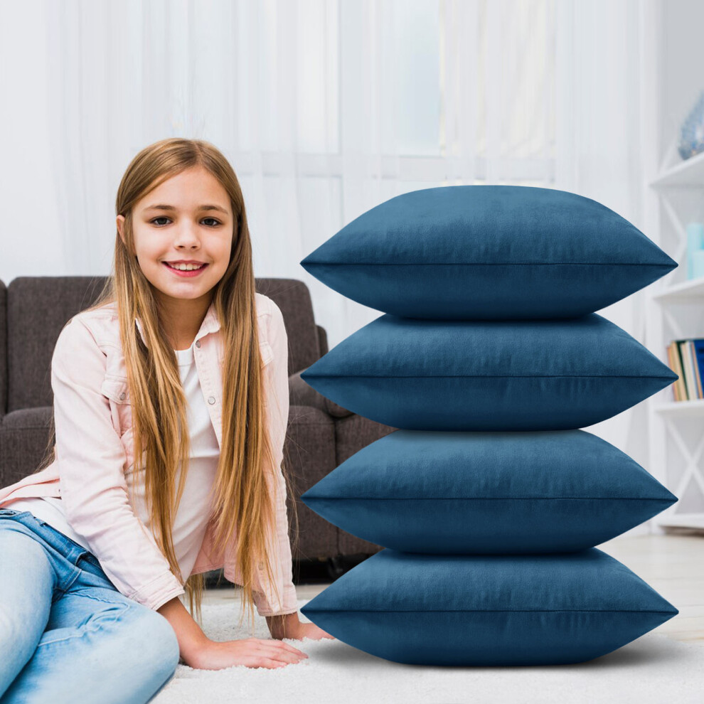 (Plain Velvet Cushion Cover Navy/Blue 4-Pack) Velvet Cushion Cover 4-Pack Bed Sofa Pillow Case