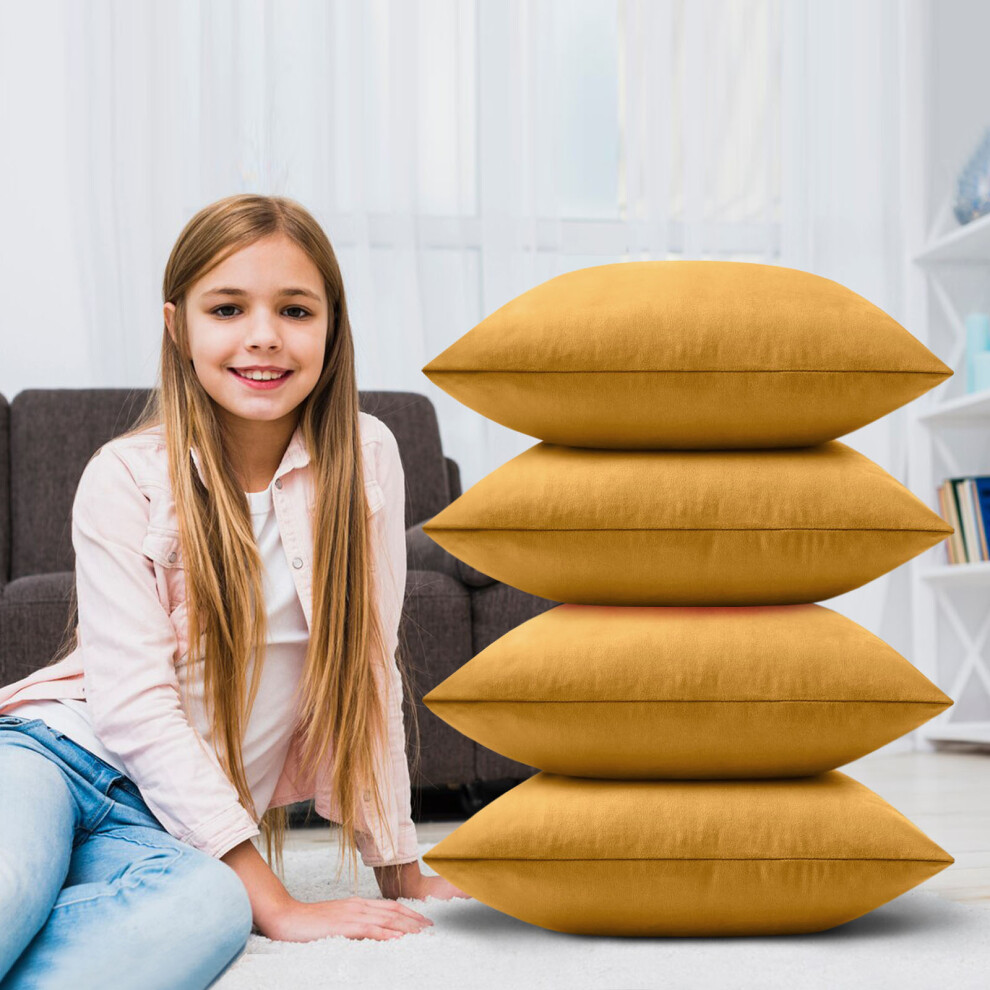 (Plain Velvet Cushion Cover Yellow/Ochre 4-Pack) Velvet Cushion Cover 4-Pack Bed Sofa Pillow Case