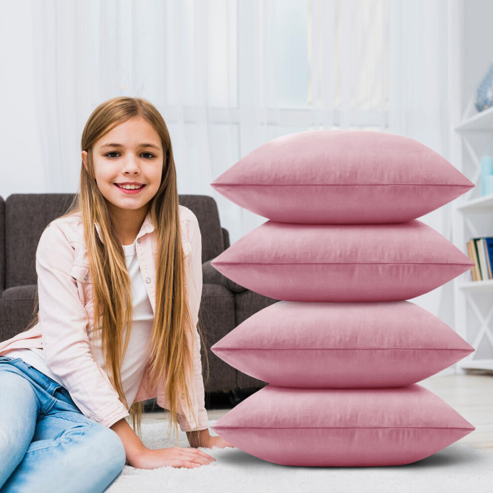 (Plain Velvet Cushion Cover Pink 4-Pack) Velvet Cushion Cover 4-Pack Bed Sofa Pillow Case