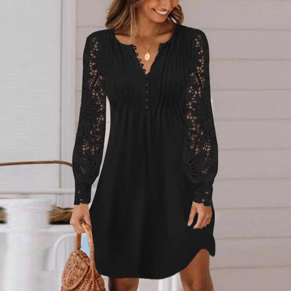 (Black, XXXL = 16) Women Lace V Neck Mini Dress Ladies Hollow Button Loose Swing Shirt Dresses Size-image-OPC-PF2KFPS-NEW