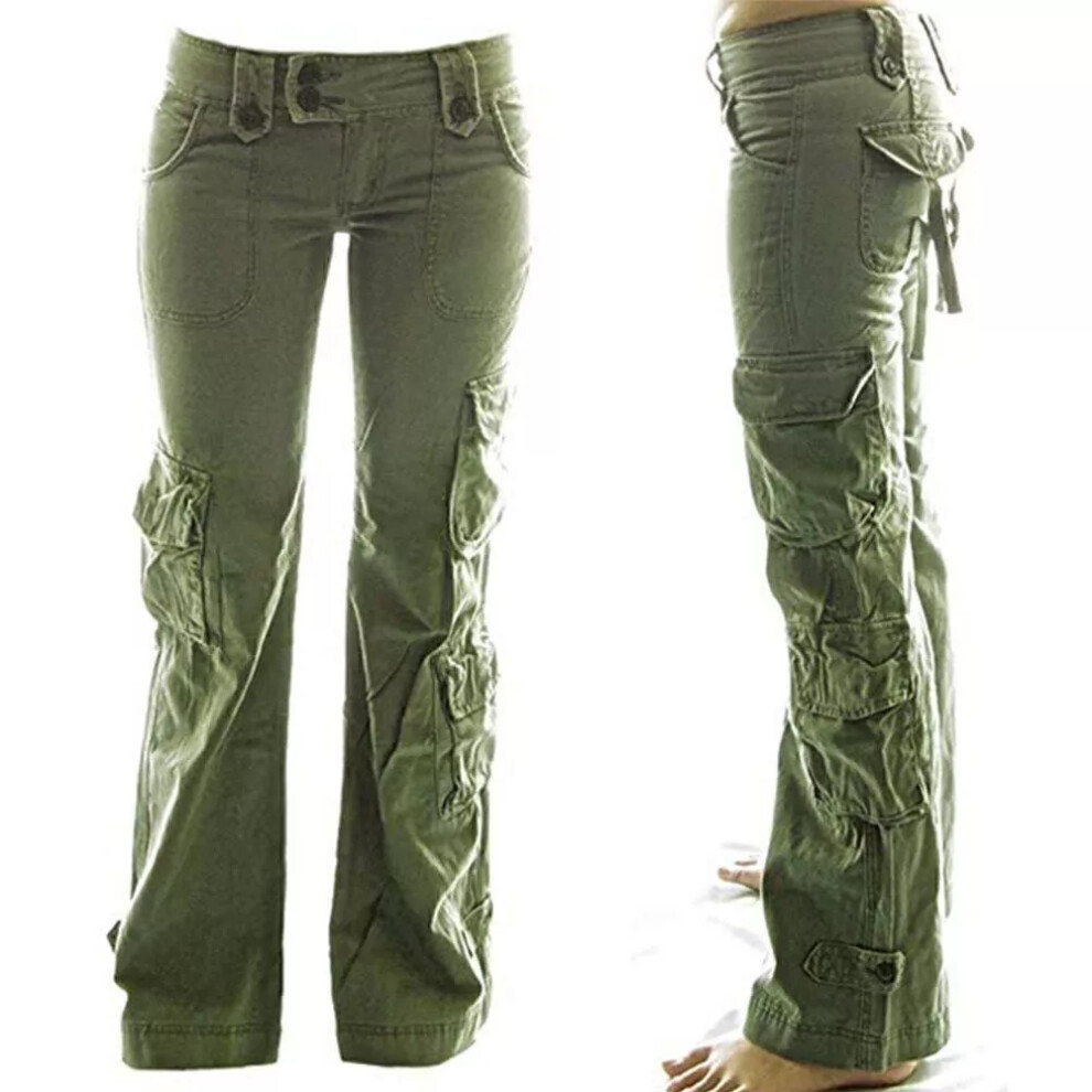 (Army Green, UK Size 10=M) Women Combat Cargo Wide Leg Pants Casual Multi Pocket Hippy Trousers Bottoms 16