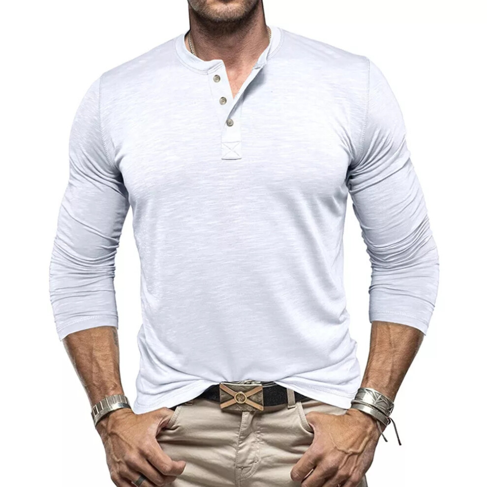 (White, M) Mens Button Neck Henley Tops T Shirt Long Sleeve Slim Fit Grandad Shirt Blouse