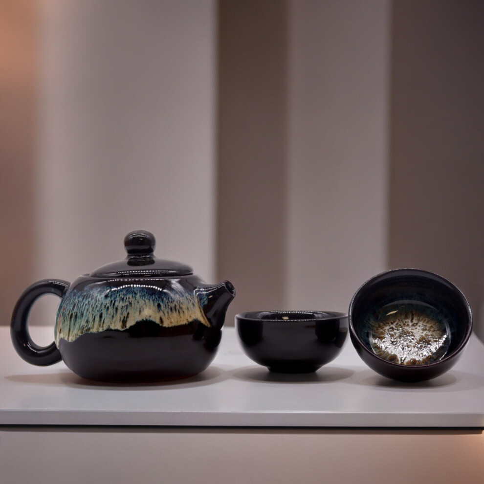 Awd Herbal Black Glaze Teapot Set - Pot & Two Cups