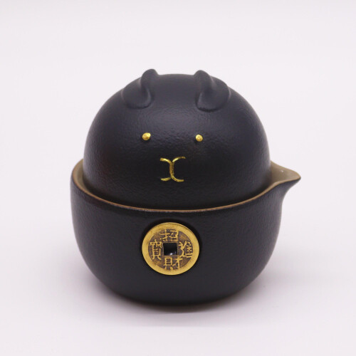 Black Money Cat Teapot Set - Two Cups - Travel Pack 2