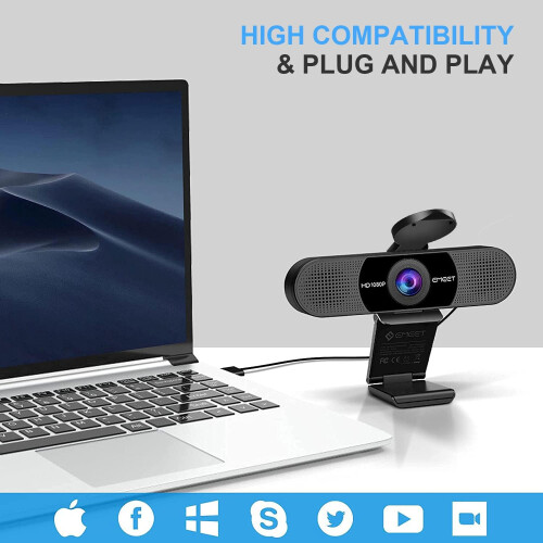 Webcam 1080P com Microfone Câmara Web Webcam para Streaming com 2 Microfones Câmara para Computador com Campo de Visão de 90 Webcam Usb Plug 2