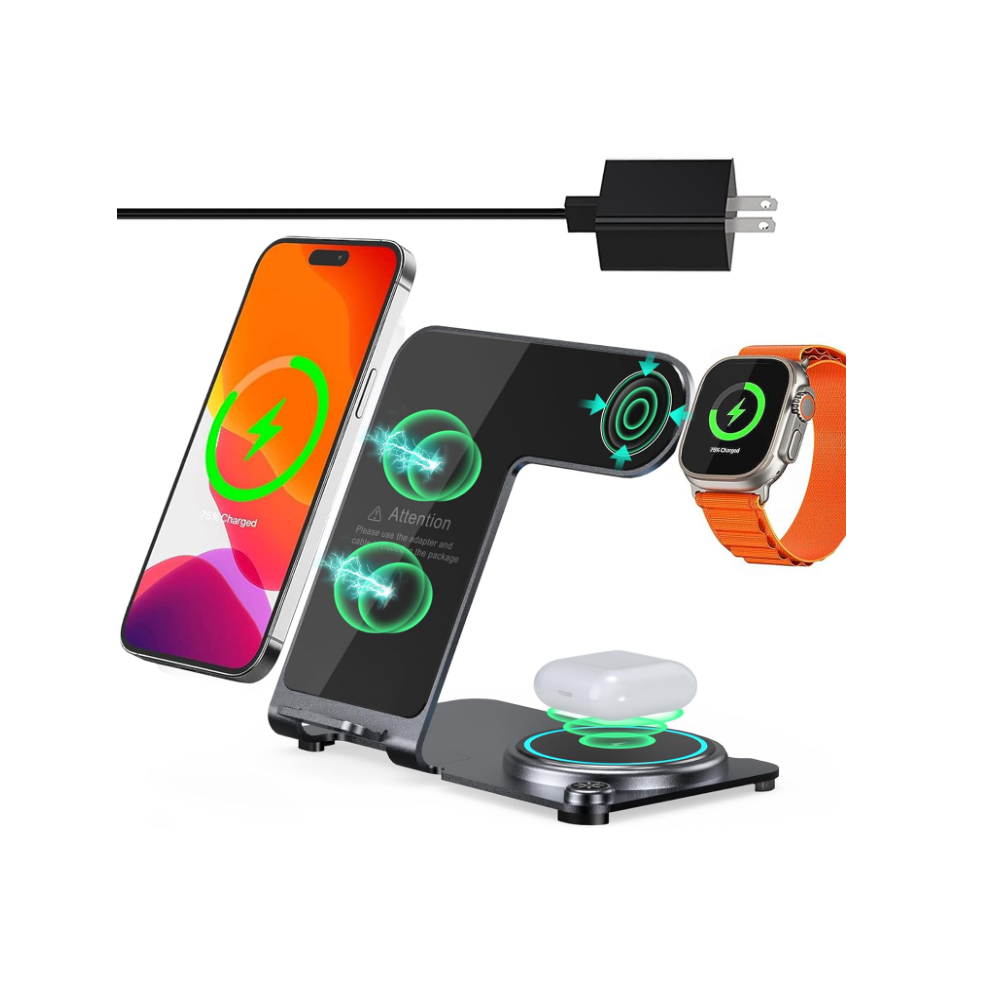 Chronus Wireless Charger, Aluminum Alloy 3 In 1 Charging Station Stand For Apple Iphone/Iwatch/Airpods,Iphone 15,14,13,12(Black) Black 6976919882423