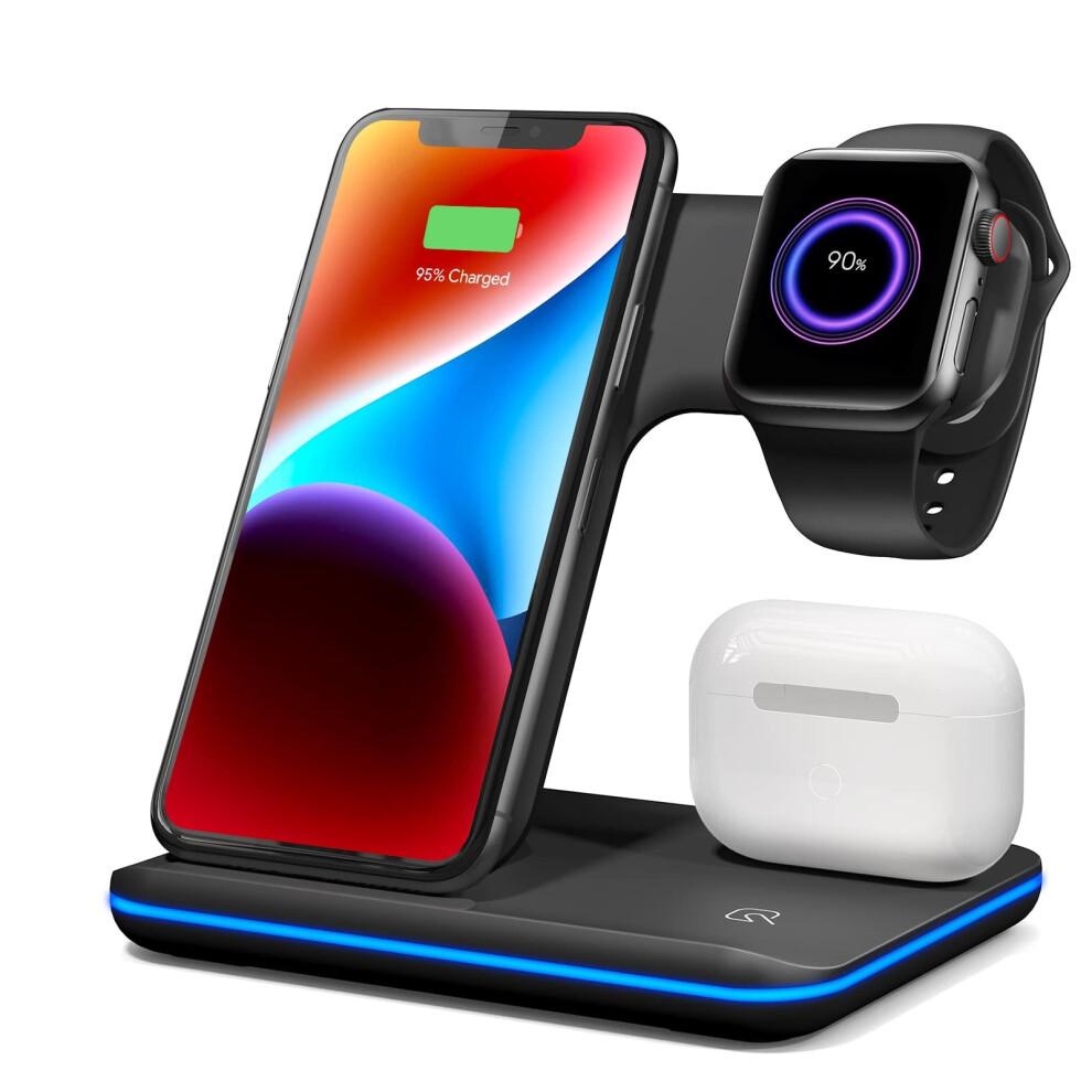 Chronus Wireless Charger 3 in 1, Wireless Charging Station for iPhone 15/14/13/12/11 and Apple Watch 8/7/6/5/4/3/2/SE, Charging Dock for AirPods