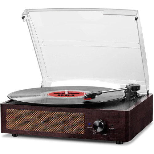 (Brown) Vinyl Record Player Bluetooth Belt-Driven 3-Speed Turntable, Vintage Retro Record Players Built-in Stereo Speakers