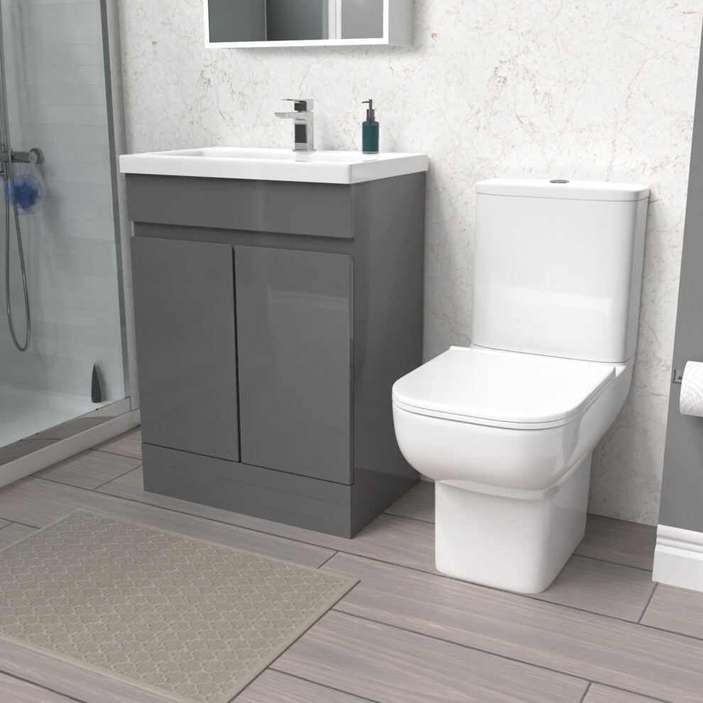 Nes Home 600mm Steel Grey Basin Vanity Unit & Close Coupled Toilet