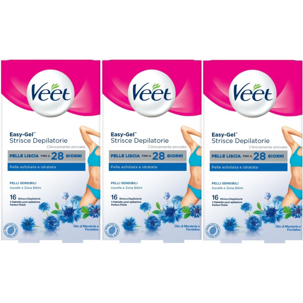 3x Veet Sensitive Skin Bikini & Underarm Cold Wax Strips - 16 Count (Exp 04/24)