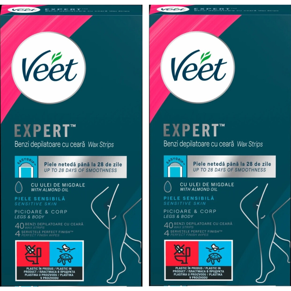 2xVeet Expert Cold Wax Strips Legs and Body - 40 Wax Strips and 4 Finish Wipes for Sensitive Skin