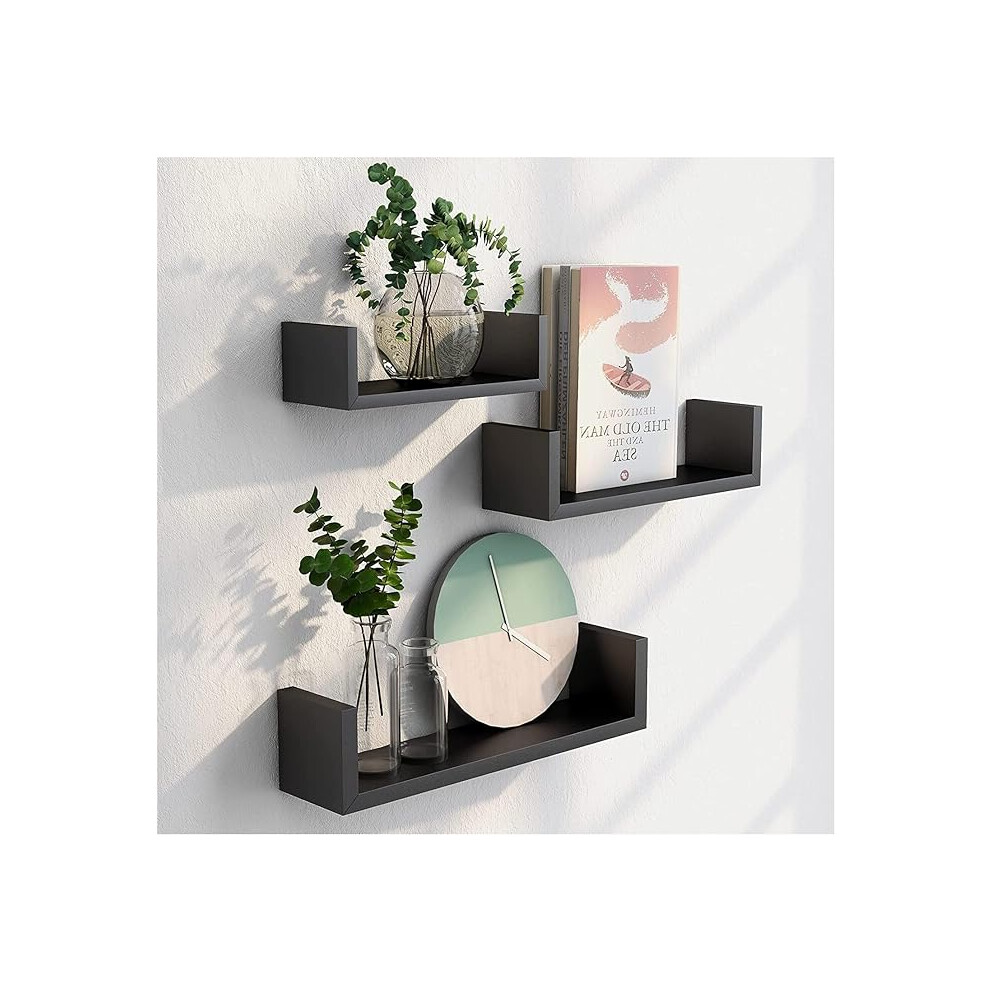 (Black) Floating Shelves Set of 3 U Shaped Composite Wood