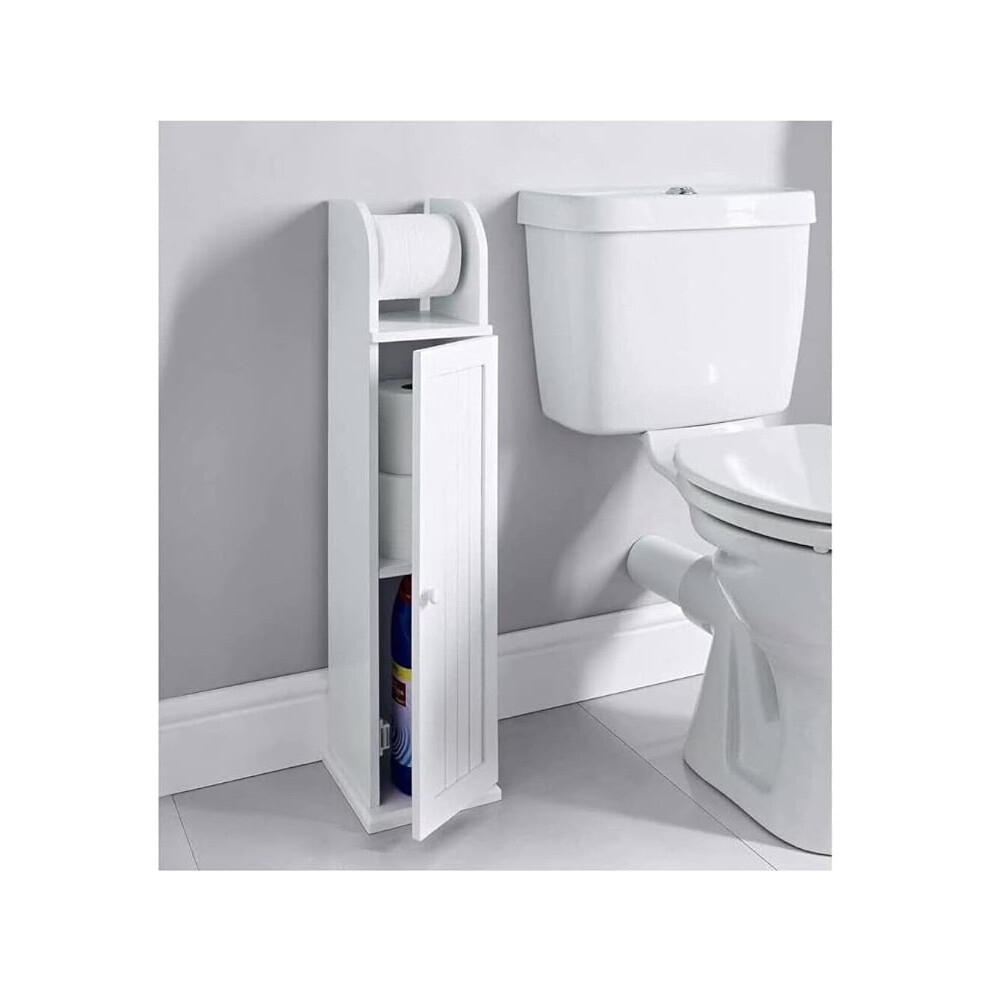 Free standing white wooden Toilet Paper Roll Holder with Shelf