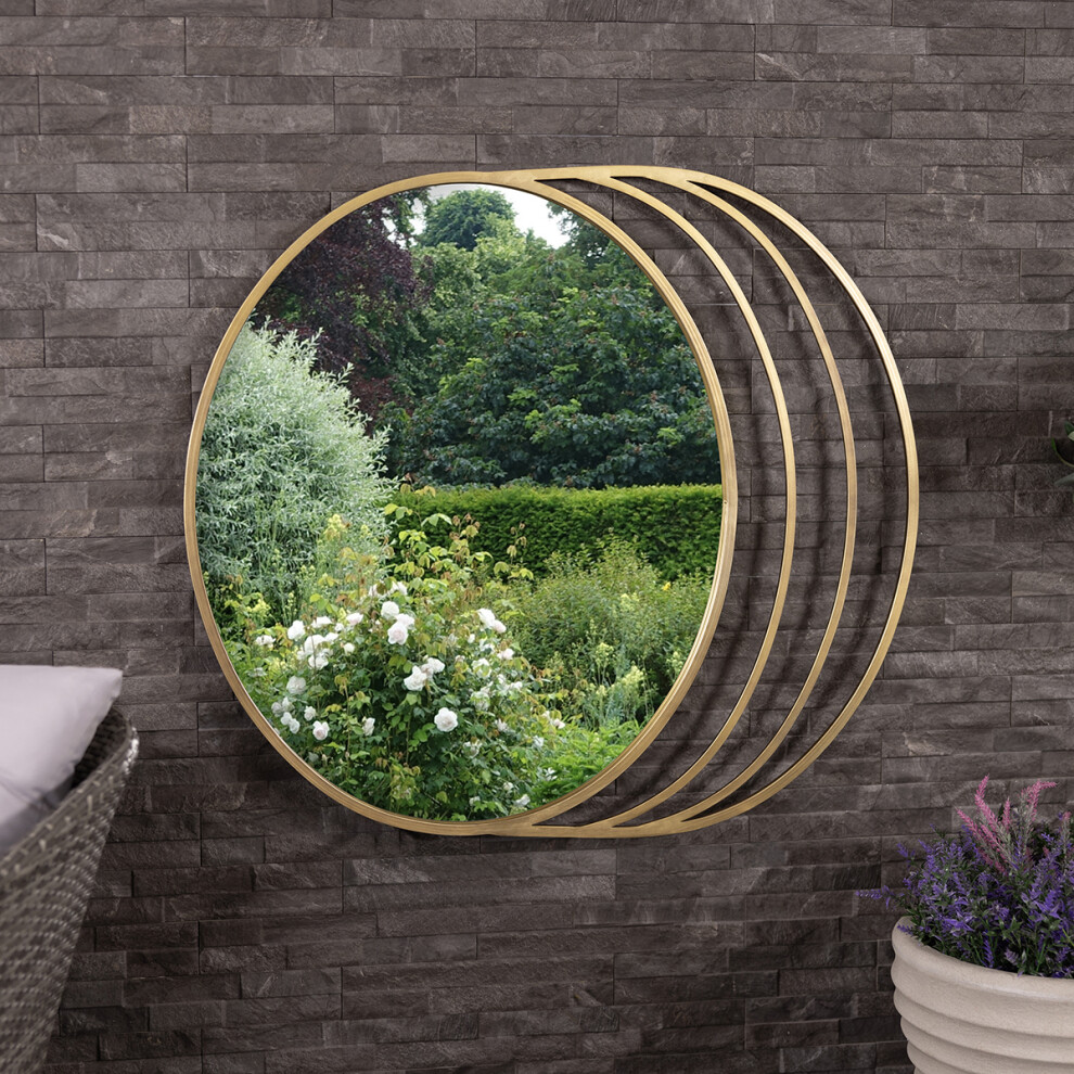 CHARLES BENTLEY Prague Round Mirror, Gold Coloured, Weather Resistant, Shatterproof, Wall Mounted Accent Mirror Décor For Garden, Indoors, Iron,