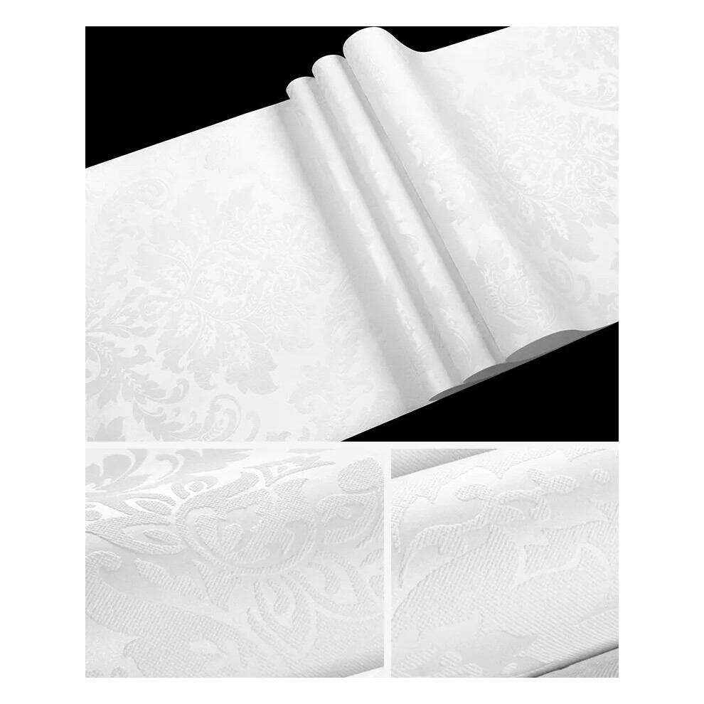 Flemye (White) 10M Luxury European Damask 6 Colors Embossed Textured Non-Woven Wallpaper Roll White