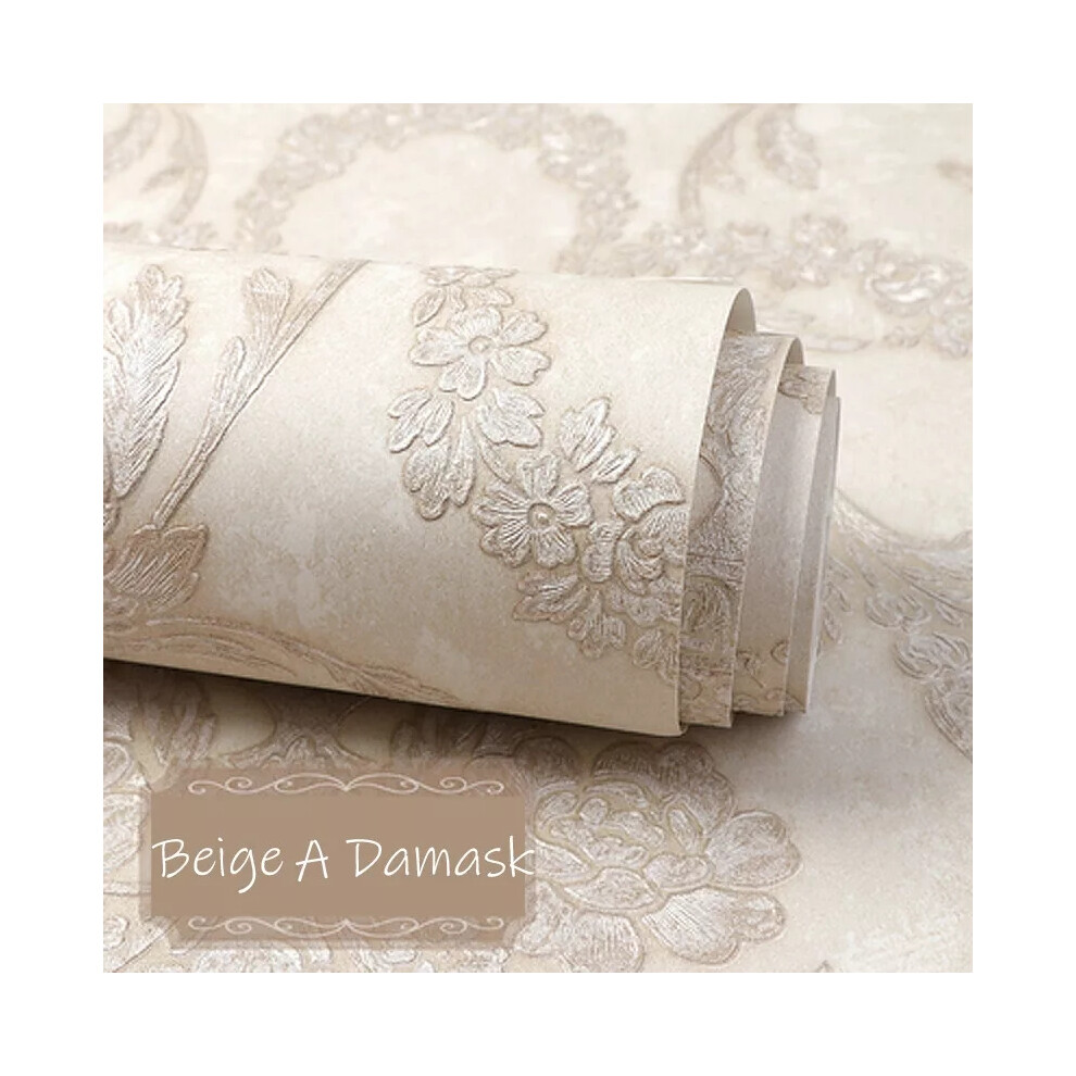 (Beige A Damask) 10M AB European Gold Damask Stripes Wallpaper Embossed Textured Non-woven Roll