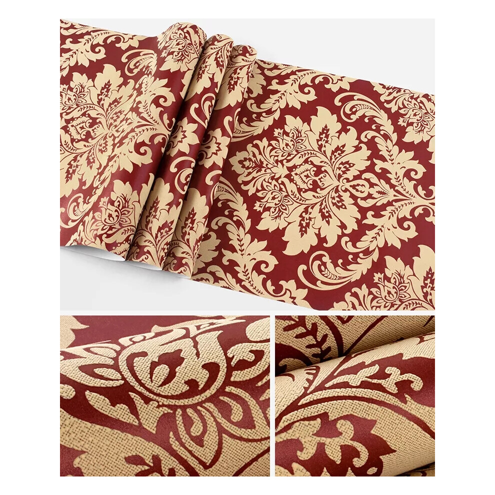 Flemye (Burgundy) 10M Luxury European Damask 6 Colors Embossed Textured Non-Woven Wallpaper Roll Burgundy