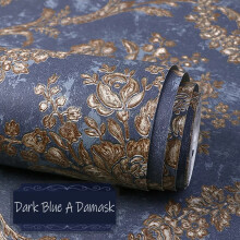 (Dark Blue A Damask) 10M AB European Gold Damask Stripes Wallpaper Embossed Textured Non-woven Roll