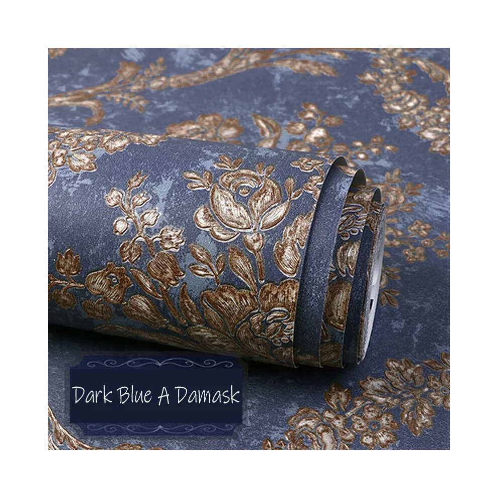 Flemye ( A Damask) 10M Ab European Damask Stripes Wallpaper Embossed Textured Non-Woven Roll Dark/Blue/Gold