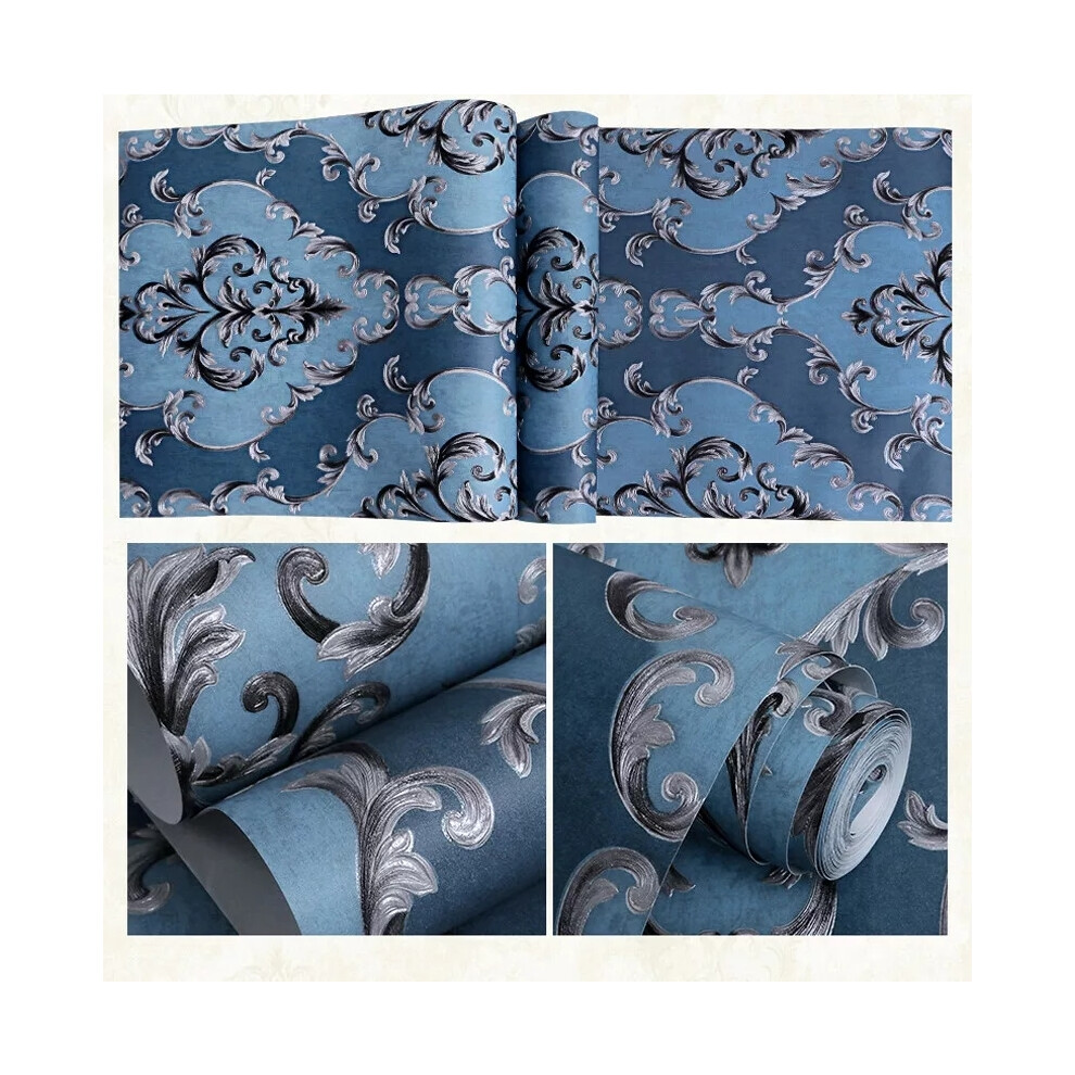 (Blue) 10M Rare European Luxury Damask Wallpaper Deep Embossed Textured Non-woven Roll