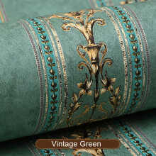 (Vintage Green) 10M Vintage Luxury Gold Damask Stripe Wallpaper Embossed Textured Non-woven Roll