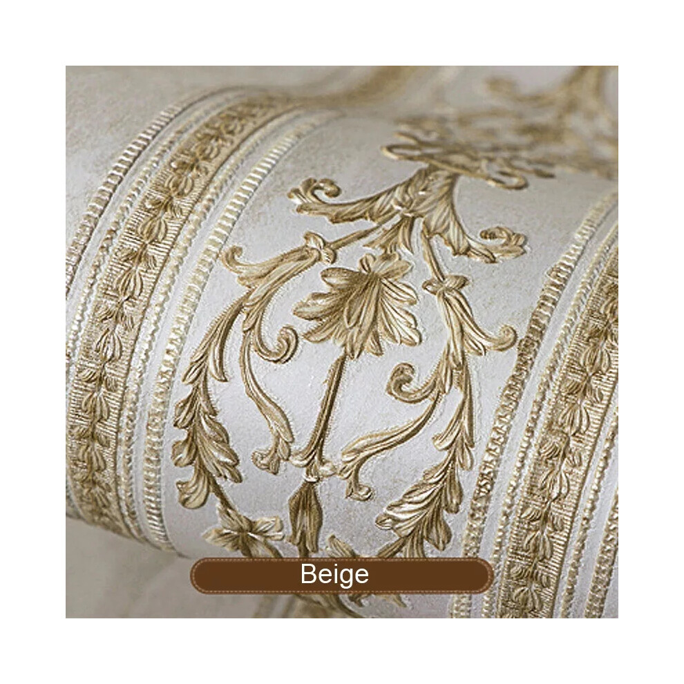 (Beige) 10M Vintage Luxury Gold Damask Stripe Wallpaper Embossed Textured Non-woven Roll