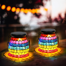 (2pcs) 2 pack Solar Mason Jar Lamp, Mosaic Hanging Pendant Light Enhanced Solar Panel Upgraded