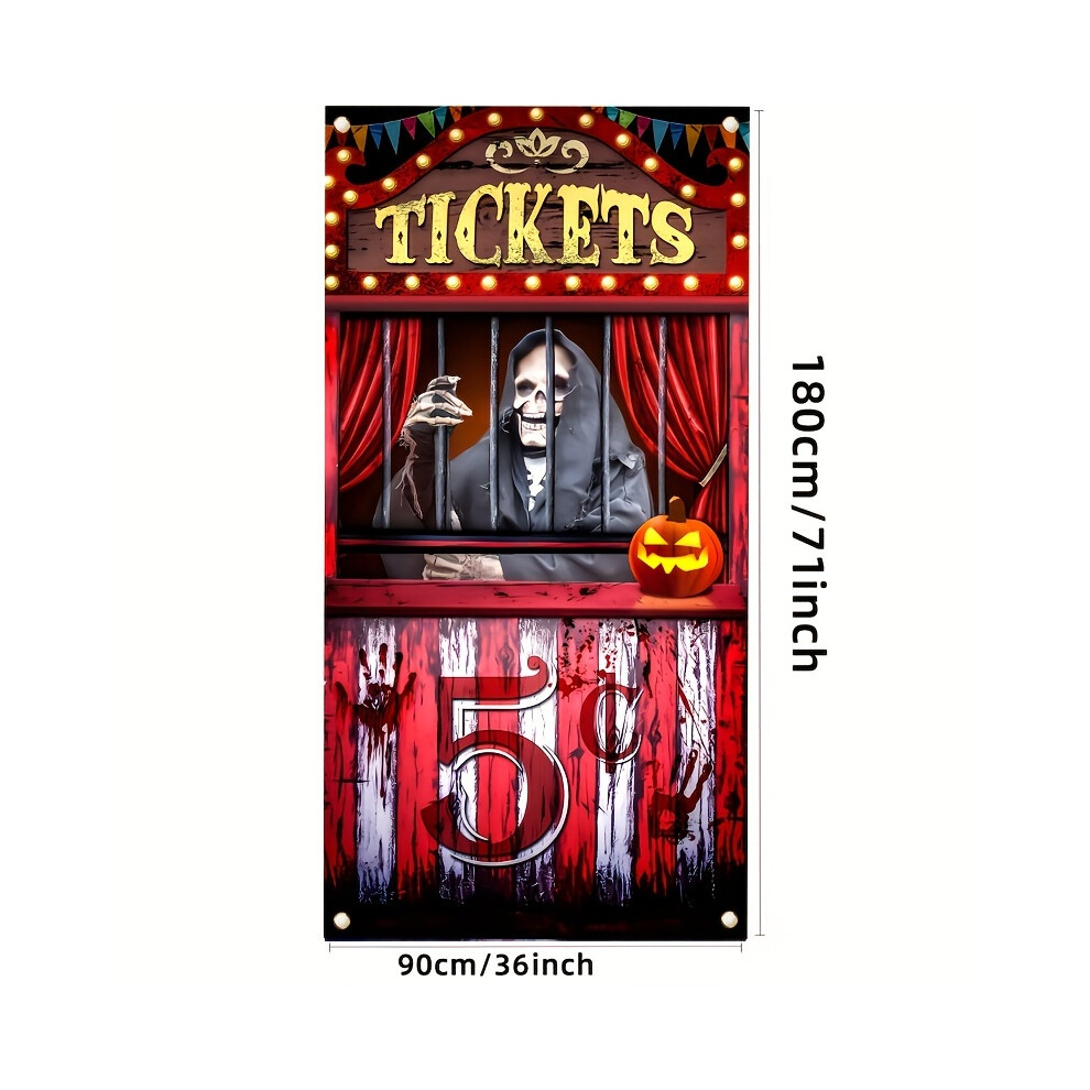 (Black) Polyester Black Evil Circus Ticket Booth Banner - Large Entryway Decor