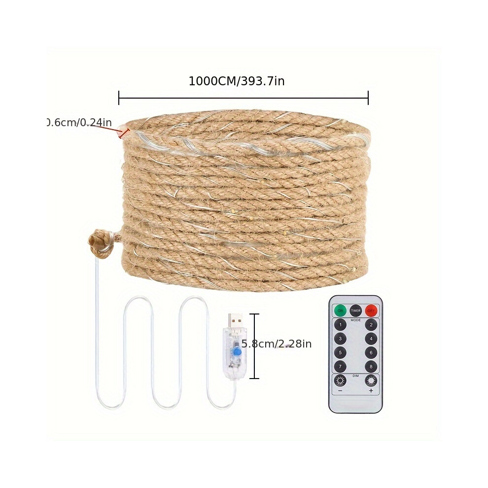 Xylfly (Warm Light Remote Control, 10M) 1Pc Usb Remote-Controlled Hemp Rope Light, Vintage Ambience String Lights