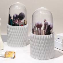 Plastic Cylinder Makeup Brush Organizer with Transparent Lid, 5-Compartment Desktop Holder, Free-Standing, Dustproof & Waterproof