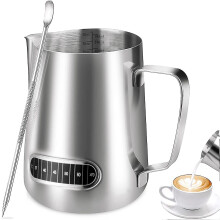 Milk Frothing Jug, 600ml/20oz Milk Jug With Thermometer, Stainless Steel Milk Pitcher With Art Pen For Coffee Machine