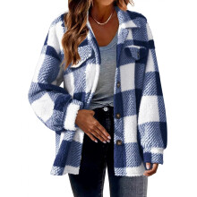 (Blue, 14) Women Casual Winter Shirt Top Ladies Check Fleece Jacket Oversized Shacket Coats