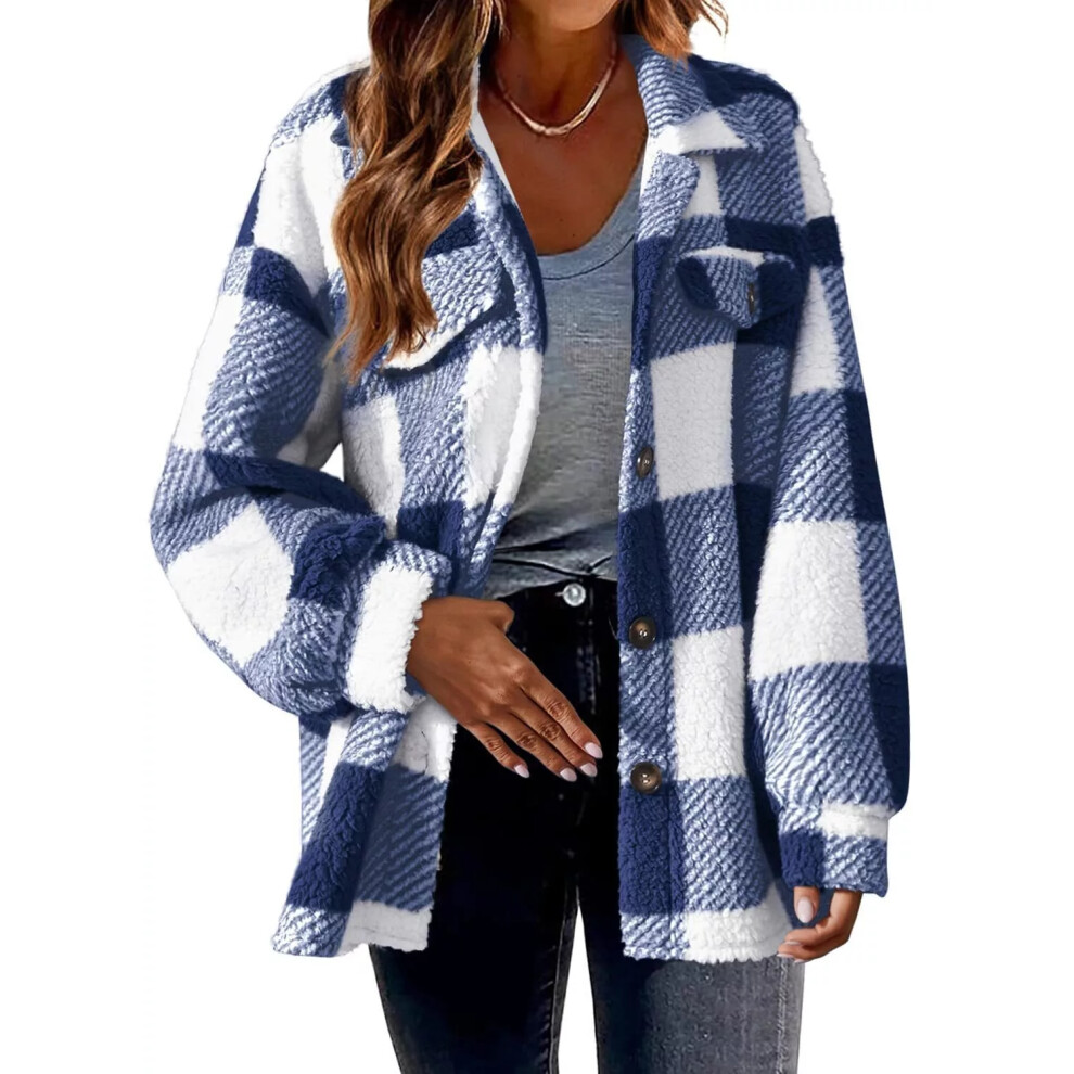 (Blue, 3XL) Women Casual Winter Shirt Top Ladies Check Fleece Jacket Oversized Shacket Coats