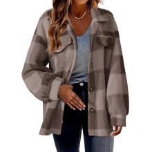 (Coffee, S) Women Casual Winter Shirt Top Ladies Check Fleece Jacket Oversized Shacket Coats