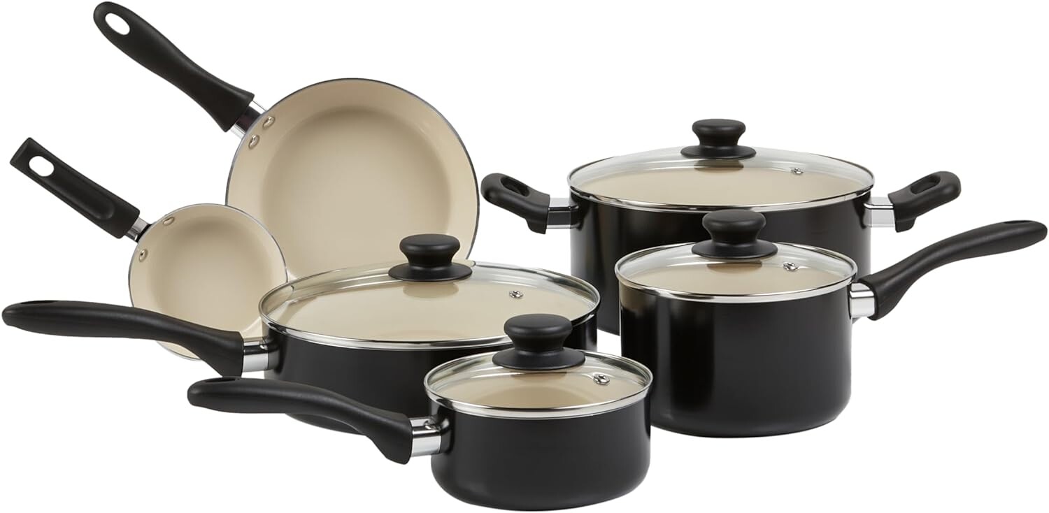 (11Piece, Black/Cream) Ceramic Nonstick Cookware, 11Piece Cookware