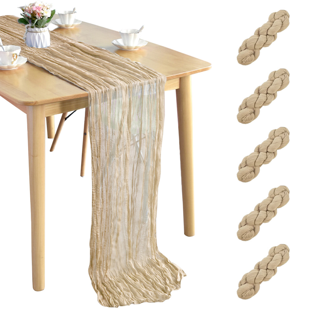 (Beige, 5pcs, 90x400 cm) Cheesecloth Table Runner Gauze Fabric Semi Sheer Table Runners, Decoration For Wedding, Bridal Shower, Birthday, Banquets & E-image-OPC-PF2N5RS-NEW