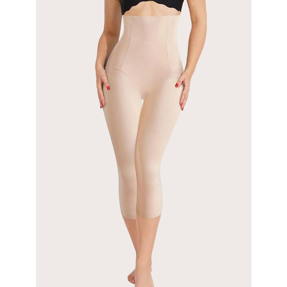 (Beige, M) High-Waist Seamless Shapewear Capri Leggings - Solid Color