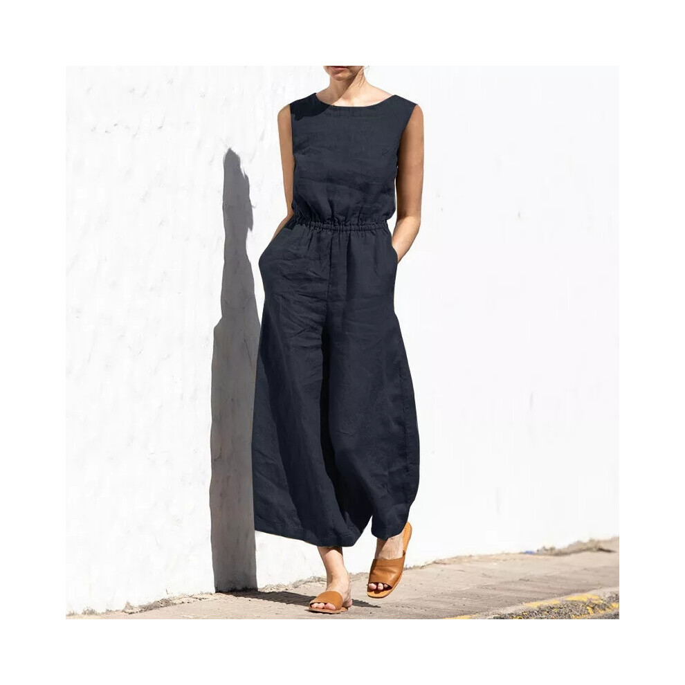 (Black, M = 8) Women Cotton Linen Sleeveless Jumpsuit Wide Leg Pockets Loose Romper  Pants Size-image-OPC-PF2NCBQ-NEW