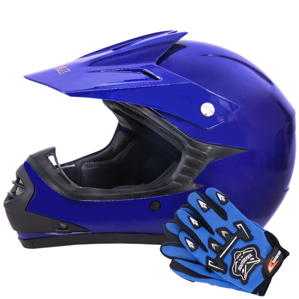 (Blue, S) Zorax ZOR-X15 Kids Motocross Motorbike MX Helmet & Gloves - ATV Dirt Bike BMX Quad Off Road Helmet ECER 2206
