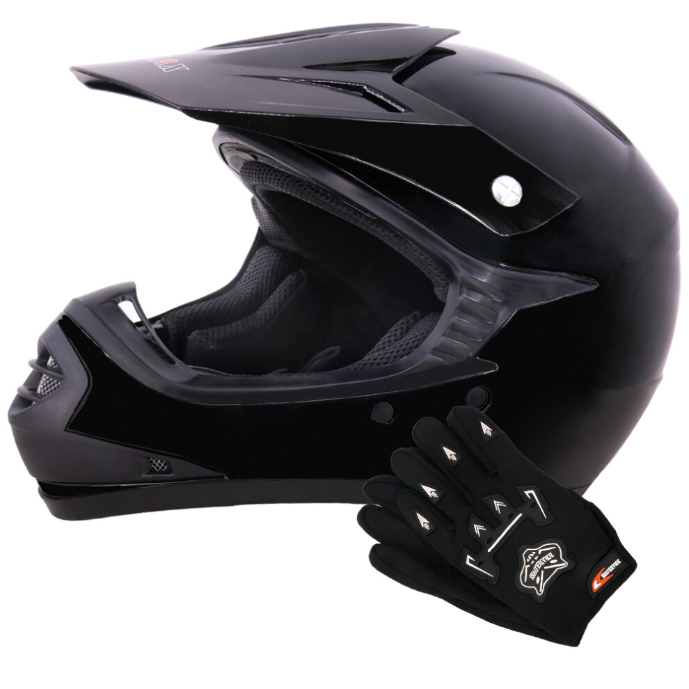 (Black, L) Zorax ZOR-X15 Kids Motocross Motorbike MX Helmet & Gloves - ATV Dirt Bike BMX Quad Off Road Helmet ECER 2206