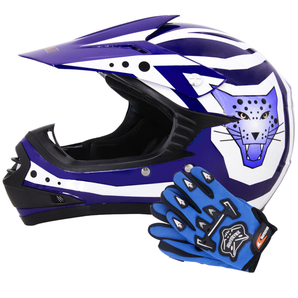 (Blue, L) Zorax ZOR-X17 Children Kids Motocross Helmet ECE2206  Dirt Bike Off Road Motorbike Helmet & Gloves